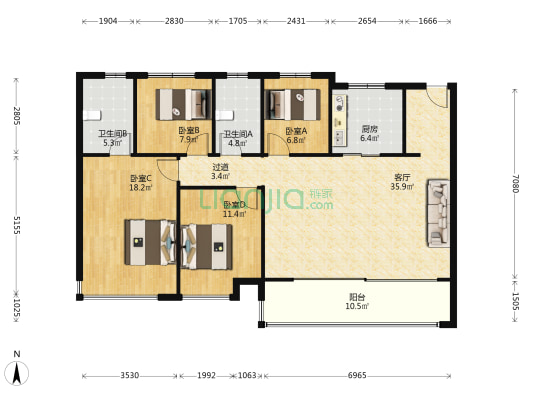 长江凌云府 4室1厅2卫 142平方