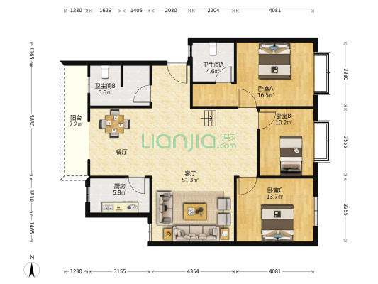 临江二区 3室1厅2卫 134平方