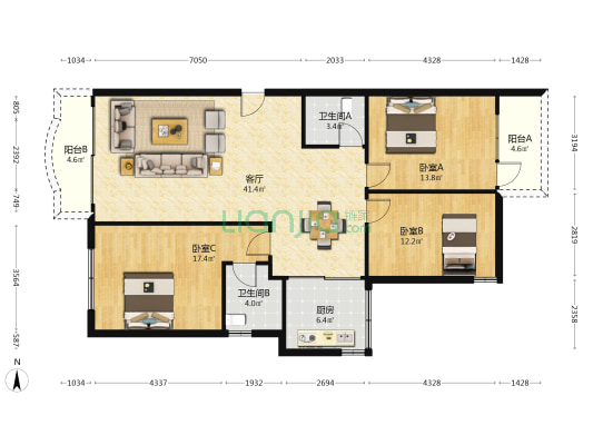 金洲花园 3室1厅2卫 123平方