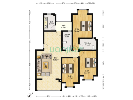 都市美好家园 3室1厅2卫 119平方