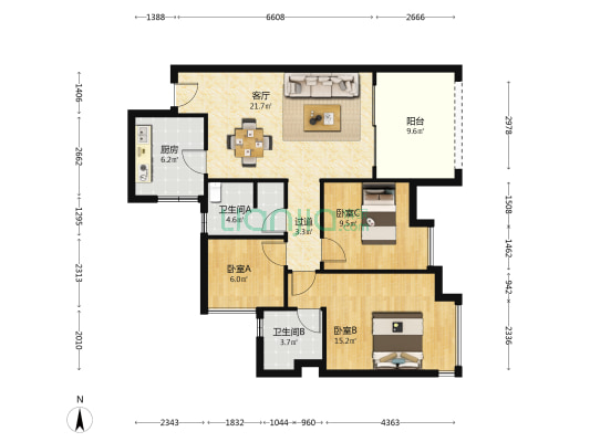 万达御湖公馆 3室1厅2卫 95平方