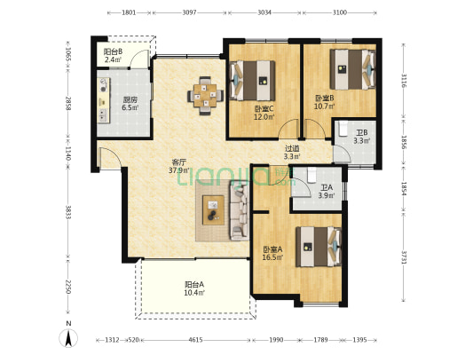 天安鸿基花园 3室1厅2卫 120平方