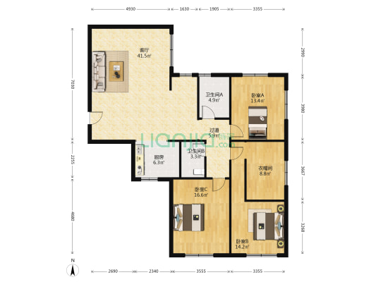 日森公寓 3室1厅2卫 148平方