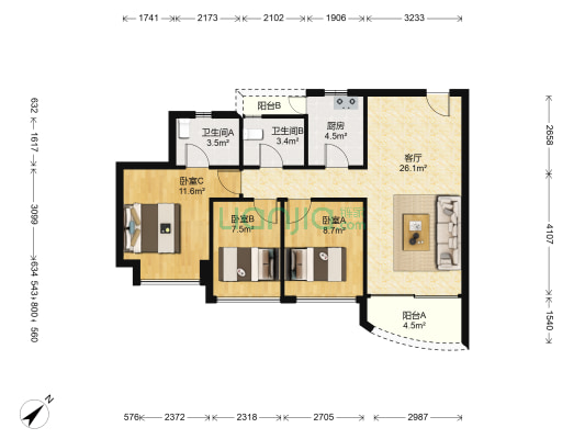 桂芳园四期 3室1厅2卫 84平方