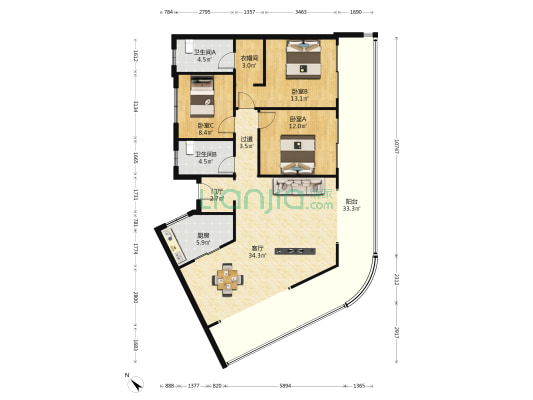 融创观澜湖公园壹号二期 3室1厅2卫 91平方