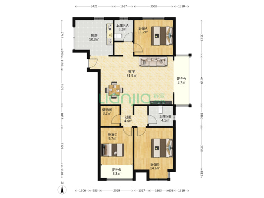 金海苑 3室1厅2卫 132平方