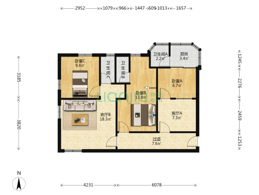 聚侨苑 3室2厅3卫 85平方