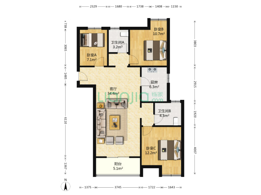 阳光苑 3室1厅2卫 121平方