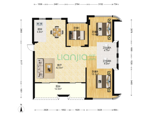 龙芝嘉华 3室1厅2卫 118平方