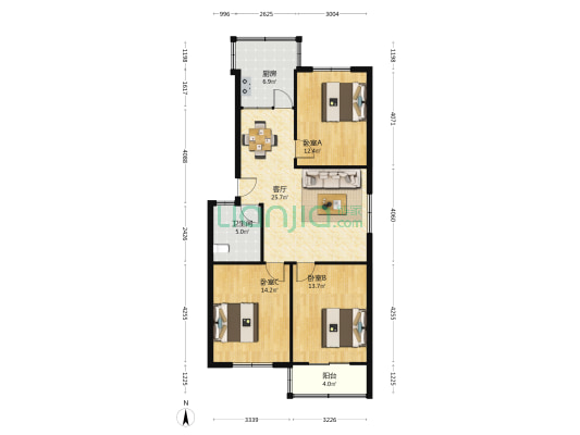 包公路花炮中心小区 3室1厅1卫 90平方
