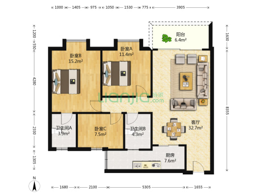 南星丽苑 3室1厅2卫 101平方