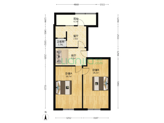 胜利桥小区东区 2室2厅1卫 56平方
