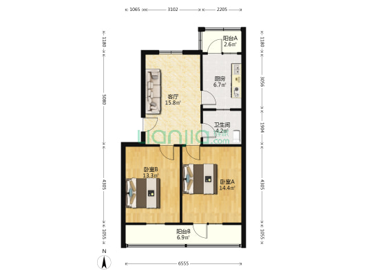 房子南北通透两居室，户型方正，房本满五唯一。-户型图