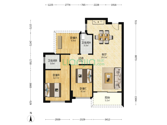 宏益花城居 3室1厅2卫 89平方