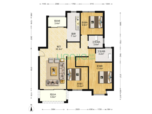 茂华国际汇南区 3室1厅2卫 132平方