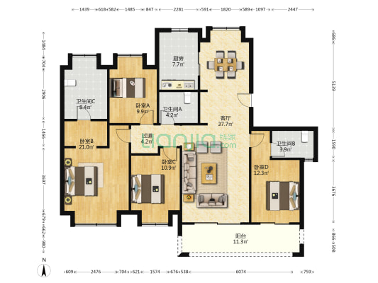 保利庭瑞阅江台朗园 4室1厅3卫 162平方
