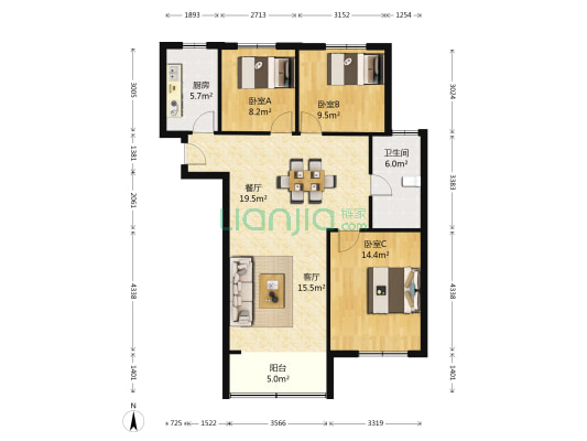 恒生未来城 3室2厅1卫 119平方