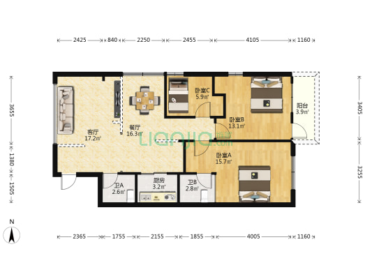 华秀园 3室2厅2卫 100平方
