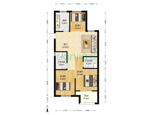 嘉丰万悦城南区 3室1厅2卫 89平方