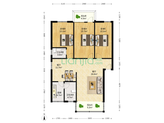 中华苑小区 3室2厅2卫 122平方