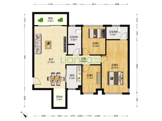 云景世家 3室1厅2卫 114平方