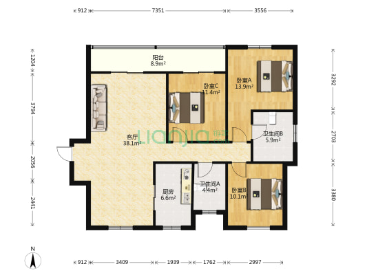 新城吾悦华府一期 3室1厅2卫 124平方