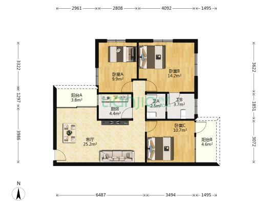 侨翠苑 3室1厅2卫 85平方