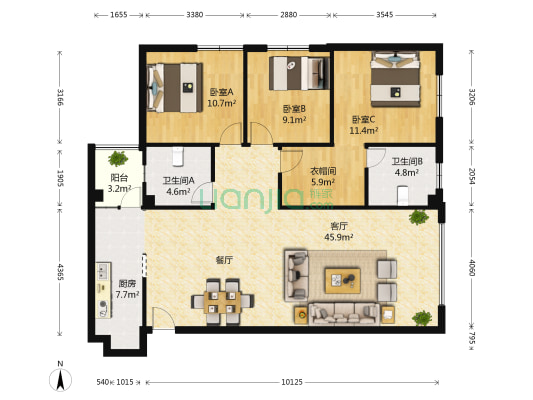 广福城怡福园 3室1厅2卫 135平方