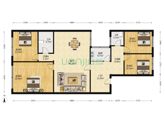 佛山街125号 4室1厅2卫 164平方