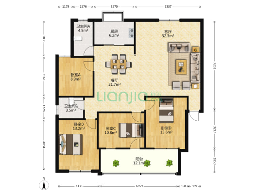 五星小区 4室2厅2卫 145平方