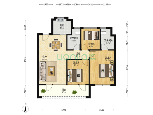 平度万科如园 3室1厅2卫 102平方
