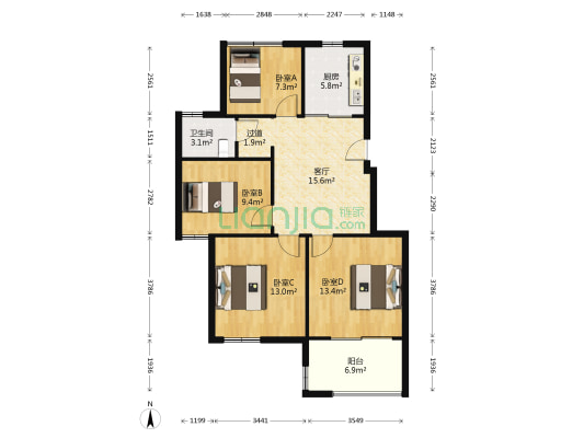 紫金铭苑 4室1厅1卫 87平方