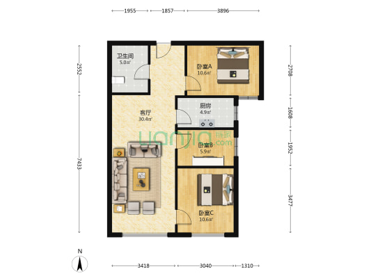 此房南北通.采光好.密码开门看房.价格可谈..税费低.-户型图