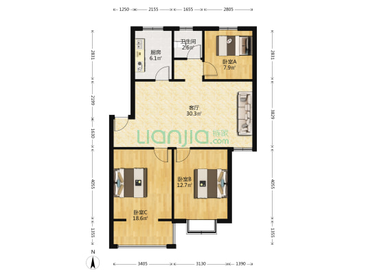 紫运花园 3室1厅1卫 97平方