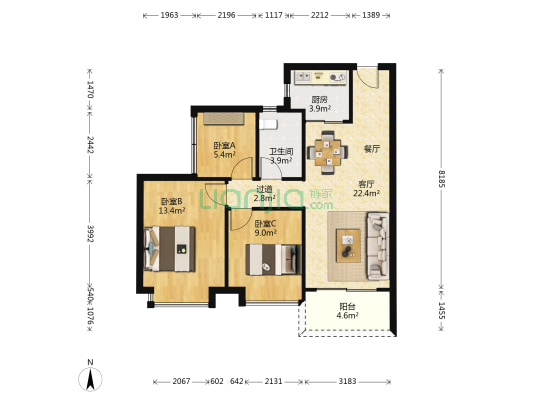阳光城悦然府 3室1厅1卫 83平方