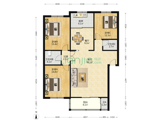 中联西北工程设计研究院家属院(雁塔) 3室2厅3卫 126平方