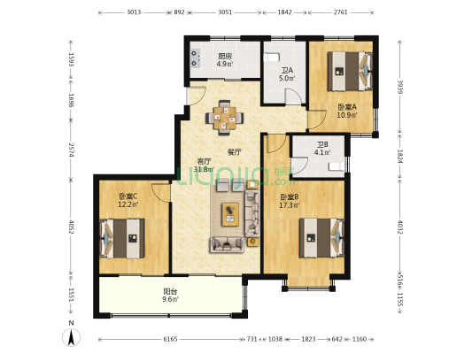 江景雅园 3室1厅2卫 125平方