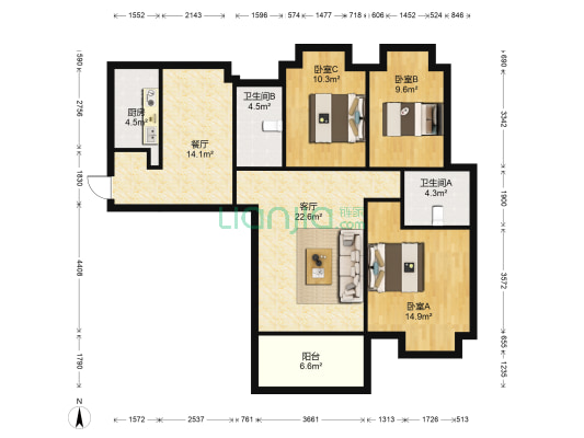 保利香槟 3室2厅2卫 114平方