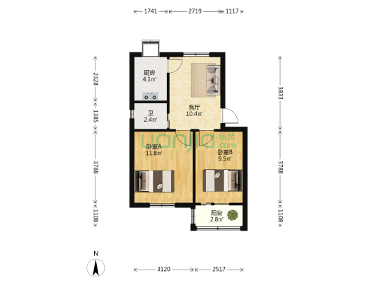 延安路地质队家属院 2室1厅1卫 52平方