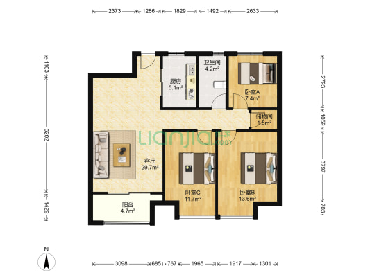 万科金域缇香东区 3室1厅1卫 97平方