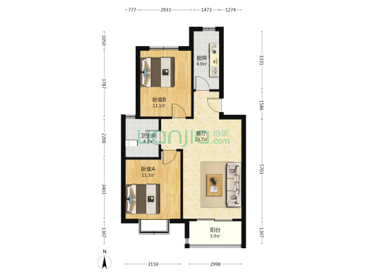 中北崂社区 2室1厅1卫 77平方