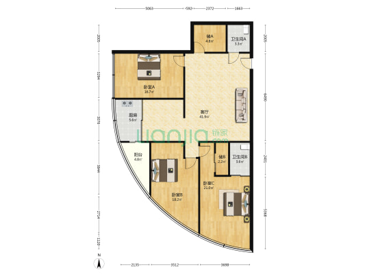 黎明商住楼 3室1厅2卫 142平方