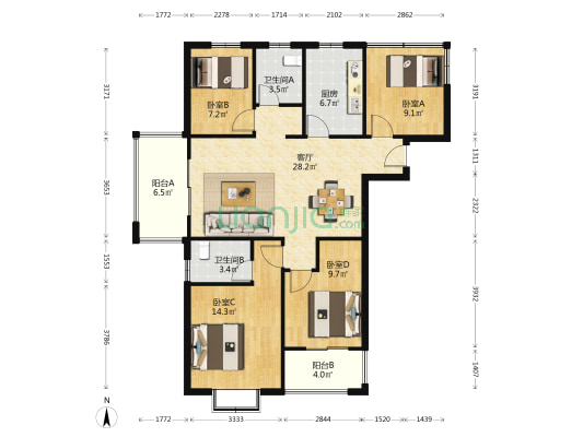 紫御东方二期 4室1厅2卫 126平方