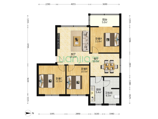 正北中街80号院 3室2厅1卫 94平方