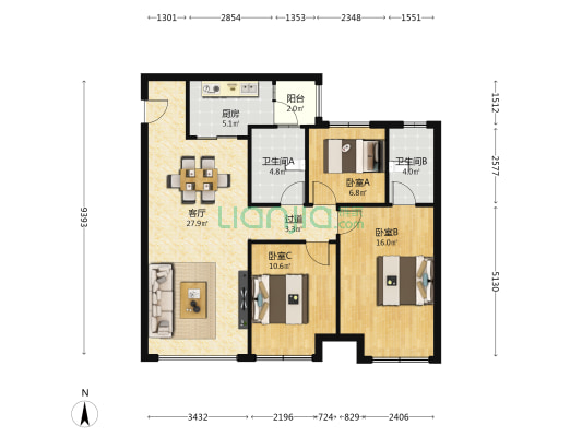 蓝光公园华府世家 3室1厅2卫 115平方