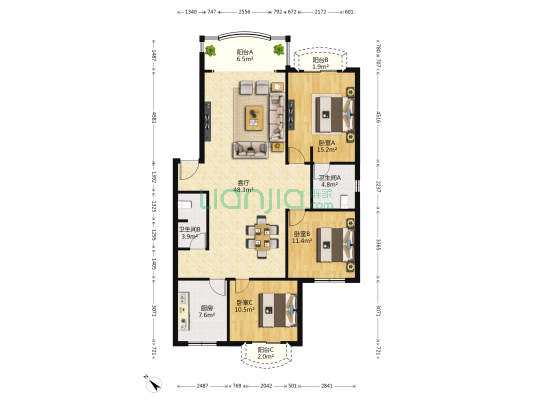 国嘉南苑二期 3室1厅2卫 130平方