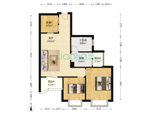 伍仙花园A区 3室1厅1卫 80平方