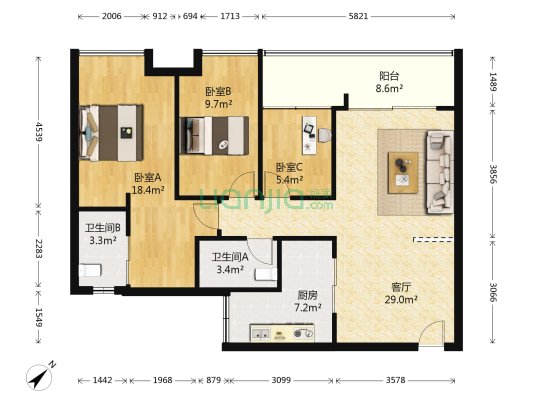 深业东岭 3室1厅2卫 105平方