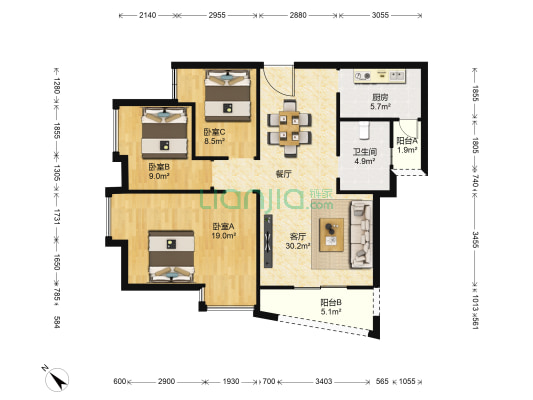 中豪锦苑花园 3室1厅1卫 114平方