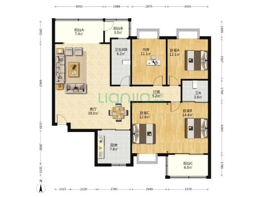 电大教师宿舍 4室1厅2卫 160平方